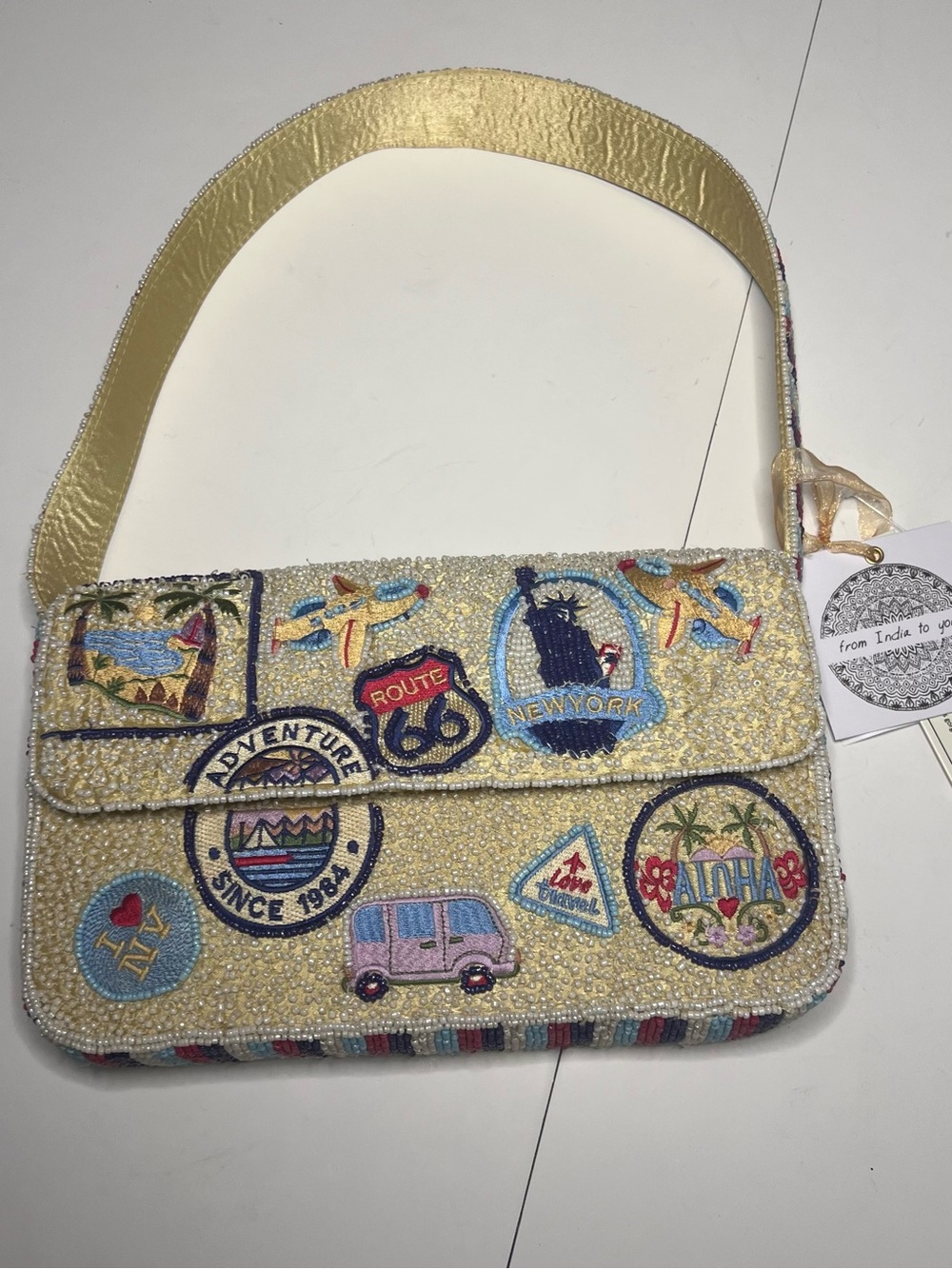 Viral Handmade In India Beaded Travel Adventure NEW YORK ROUTE 66 Shoulder Bag